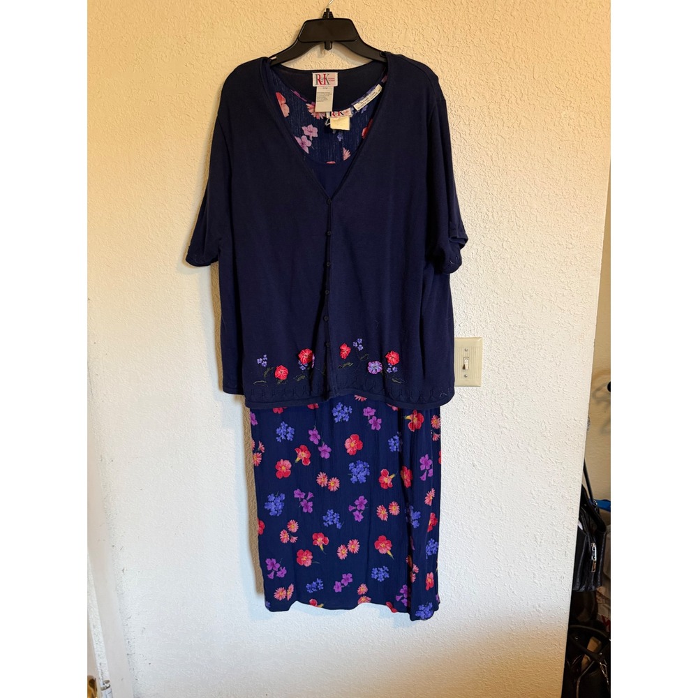 R&K Original Woman Vintage Navy Floral Maxi Dress and Cardigan Set Plus Size 24W